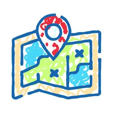 Navigating destination with map location pin doodle Stock Illustration