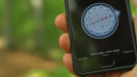 Navigating in Forest with GPS Compass Application on Smartphone POV Video stock 111068098