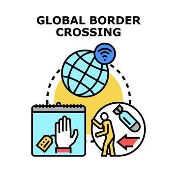 Navigating global border crossing challenges and migration concepts Stock Illustration