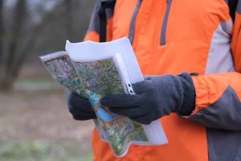 Navigating with map and compass Stock Photos