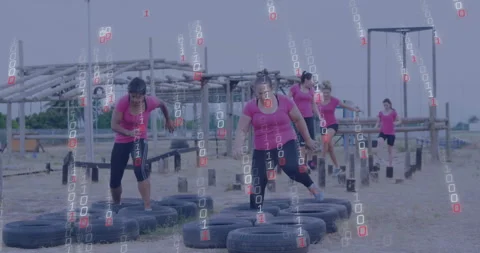 Navigating obstacle course, women with binary code animation overlay in Vidéo 305490589