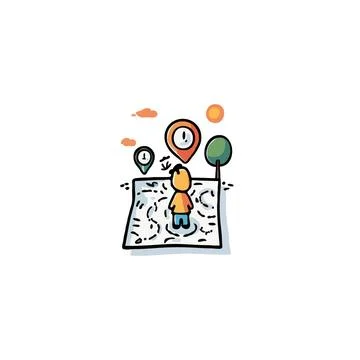 Navigating the unknown: child explores world map with location markers towa.. Stock Illustration