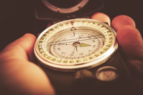 Navigation and Orientation Using Compass Device. Hiking with Compass. Stock Photos