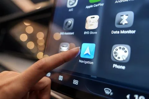 Navigation app on the digital display inside a BYD electric car Foto stock