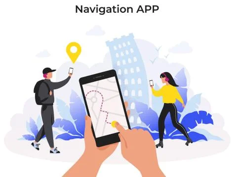Navigation app. Mobile application with map route for food or package delivery Illustrazione stock