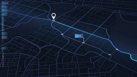 Navigation app screen showing perspective map, blue path, alternative route Illustrazione stock