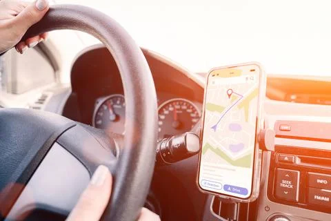 Navigation auto map system GPS. Global positioning system on smartphone scree Stock Photos