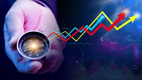 A navigation compass in hand with growing virtual hologram chart of stock Stock-Footage 241512040