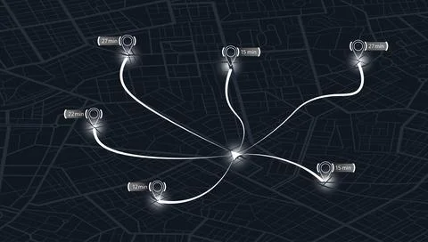 Navigation dashboard map showing multiple delivery routes and time estimates Stock Illustration