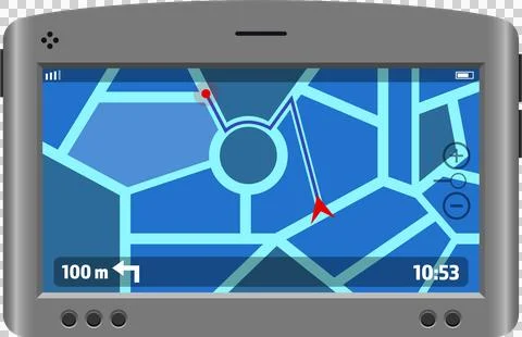 Navigation device displaying map with route guidance, direction arrow, and .. Stock Illustration