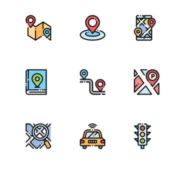 Navigation gps direction maps. Set outline icon EPS 10 vector format. Profess Illustrazione stock