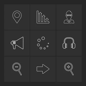 Navigation , graph , avtar , speaker,  progress , headset ,search , zoom out, Stock Illustration