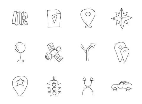 Navigation hand drawn linear vector icons Stock Illustration