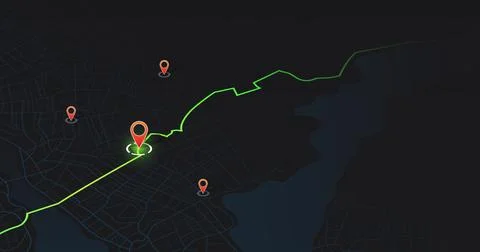 Navigation interface with green route line and markers. Vector illustration. Stock Illustration