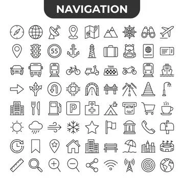 Navigation line icon set with compass, map, transport, and travel symbols i.. Stock Illustration