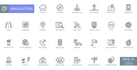 Navigation, location, GPS elements - thin line web icons set. Vector Stock Illustration
