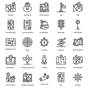 Navigation, Map and Direction Line Icons Pack Stock Illustration