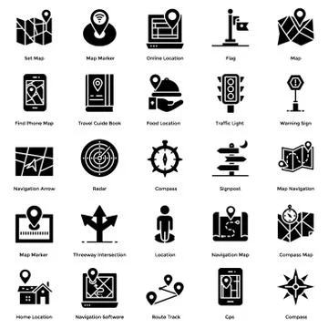Navigation, Map and Direction Solid Icons Pack Stock Illustration