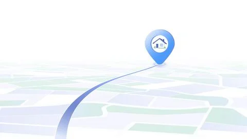 Navigation map concept with blue route leading to house location pin over Stock-Illustration