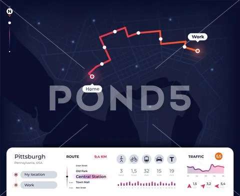 Navigation map. Gps city navigator ui with mapping route, tracking street plan Stock Illustration