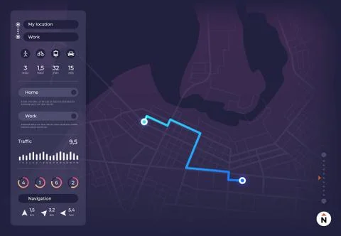 Navigation map. Gps mobile interface with route on city street and location pins Stock Illustration