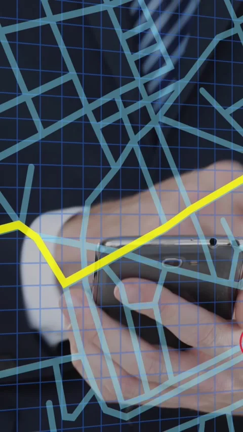 Navigation map line scheme against mid section of businessman using a smartphone Stock Footage 324024317