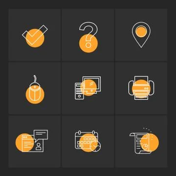 Navigation , mouse , printer ,  qustion mark , computer , devices , printer   Stock Illustration