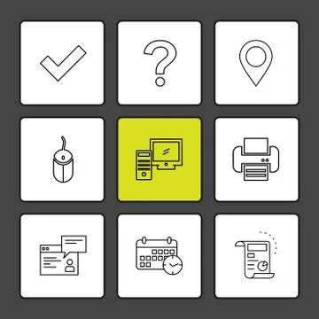 Navigation , mouse , printer ,  qustion mark , computer , devices , printer   Stock Illustration