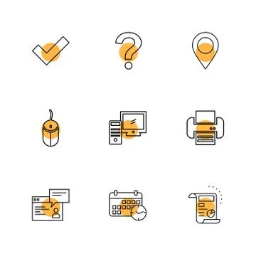 Navigation , mouse , printer ,  qustion mark , computer , devices , printer   Stock Illustration