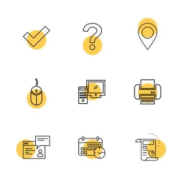 Navigation , mouse , printer ,  qustion mark , computer , devices , printer   Stock Illustration