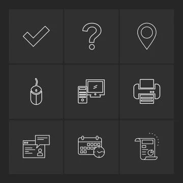 Navigation , mouse , printer ,  qustion mark , computer , devices , printer   Stock Illustration