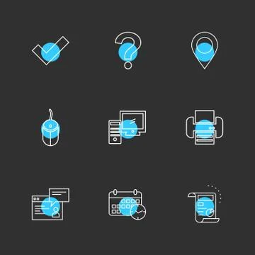 Navigation , mouse , printer ,  qustion mark , computer , devices , printer   Stock Illustration