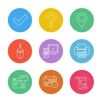 Navigation , mouse , printer ,  qustion mark , computer , devices , printer   Stock Illustration