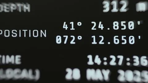 Navigation panel displays depth of 312 meters, geographic position, local Stock Photos