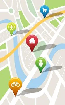 Navigation pointers with various representations on map Stock Illustration