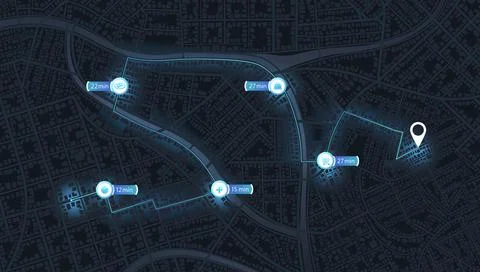 Navigation route map with multiple destination markers and time indicators Stock Illustration