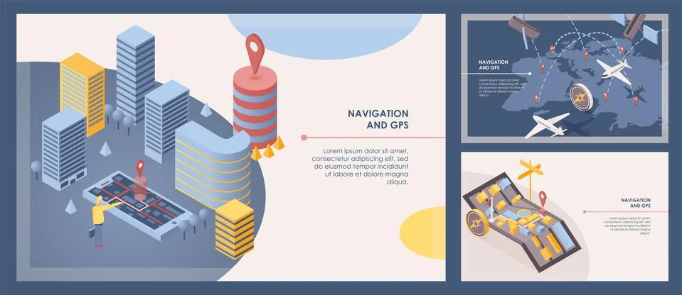 Navigation software banner vector templates set. Mobile GPS application, smart Illustrazione stock