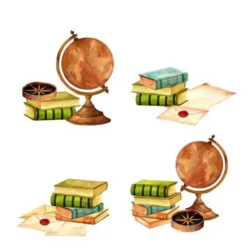 Navigation tools compositions set with a globe and books. Watercolor vintage  Stock Illustration