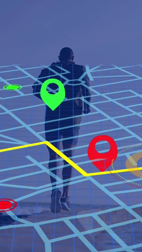 Navigator pin over navigation map line scheme against african american fit man Stock Footage 341918417