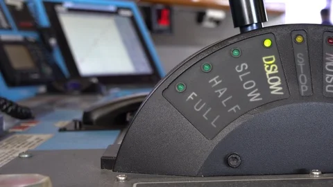 Navigator set black engine control stick of a ship to slow ahead mode Stock Footage 120517515