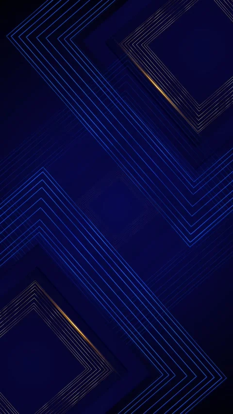 Navy angular geometry backdrop glowing blue golden square lines, clean copy Vídeo Stock 334119848