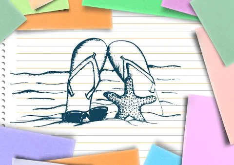Navy beach doodle on notepad surrounded by sticky notes Stock Photos