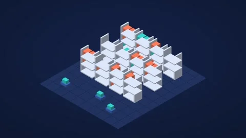 Navy blue and cyan isometric automated warehouse animation, seamless loop Stock Footage 346257983