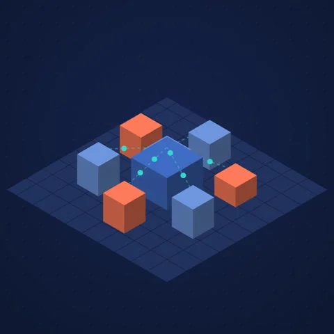 Navy blue and cyan isometric connected network looping animation, square 1:1 Stock Footage 346258057