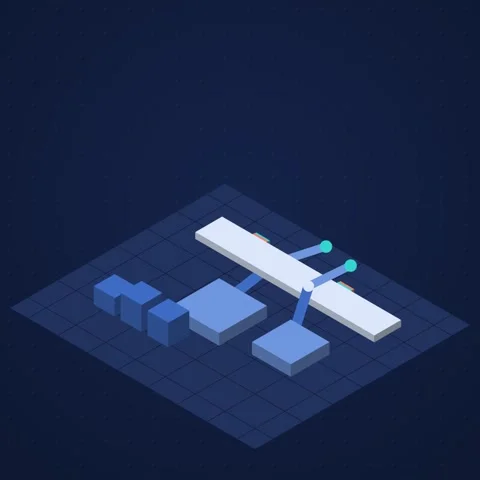 Navy blue and cyan isometric robotic work cell looping animation, square 1:1 Stock Footage 346258110