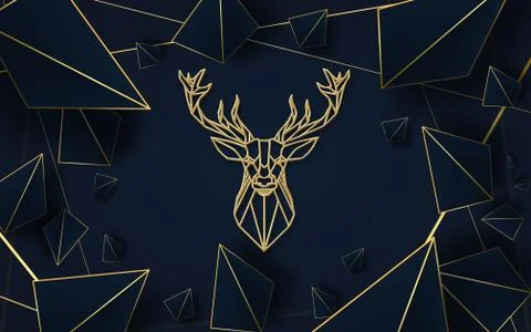Navy blue background, gilded pyramids and deer head contour Stock Illustration