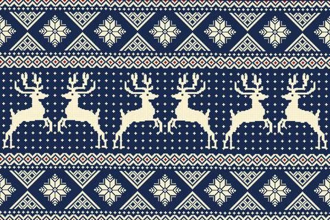 Navy Blue Christmas Pixel Pattern with Reindeer and Nordic Snowflakes Stock Illustration