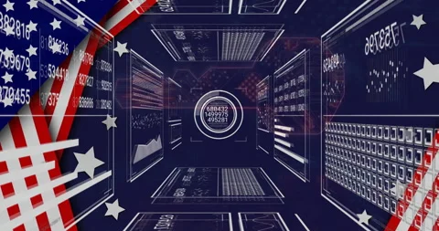 Navy-blue corridor initiating flow, sliding flag, updating central node and Stock Footage 311550248