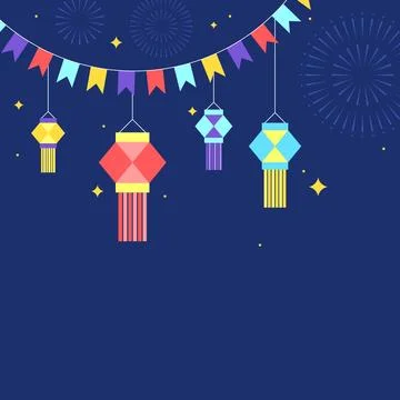 Navy blue Diwali square background with bunting flags and fireworks Stock Illustration