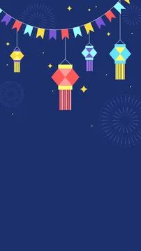 Navy blue Diwali vertical background with bunting flags and lanterns Stock Illustration
